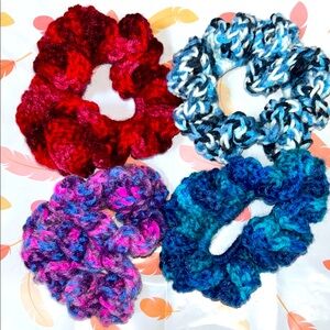 Colorful handmade crocheted Hair Scrunchies Set of 4 blue purple red
